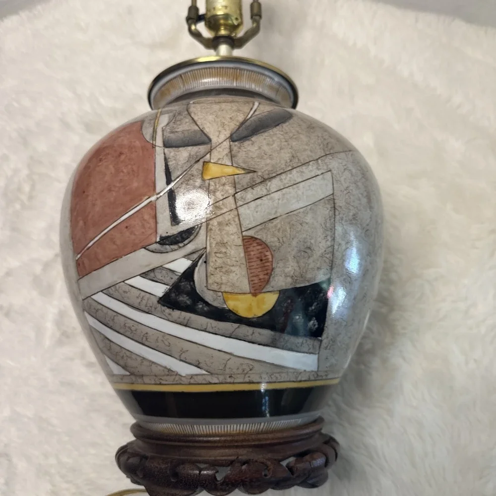 Vintage Abstract 80's Geometric Studio Pottery Table Lamp Urn Brass Wood Deco